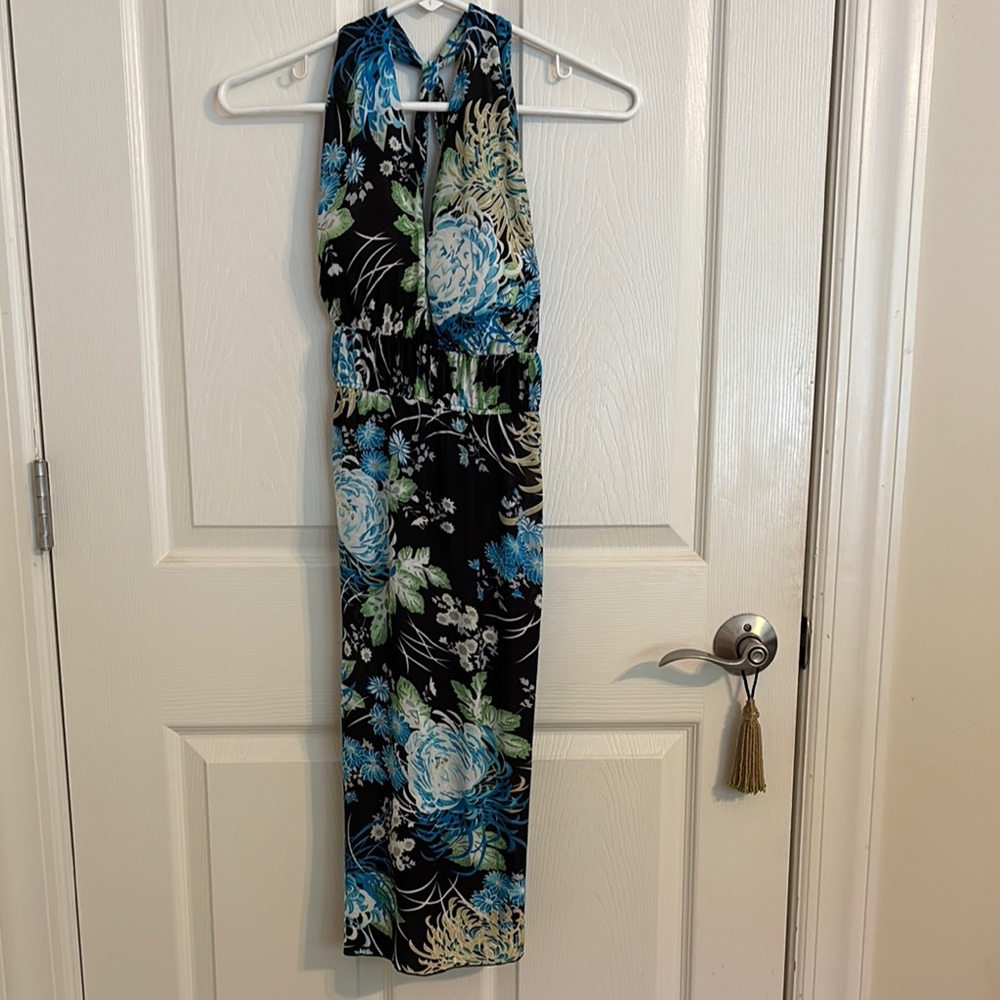 Blue and Black Sleeveless Halter Sheath Dress